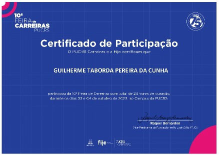 Certificado de participação na Feira PUCRS Carreiras 2023