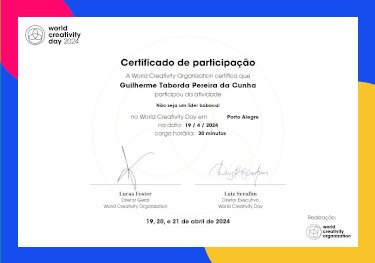 Certificado de participação na atividade Não Seja Um Líder Babaca!, organizada pela World Creativity Organization em Porto Alegre - RS, data 19/04/2024